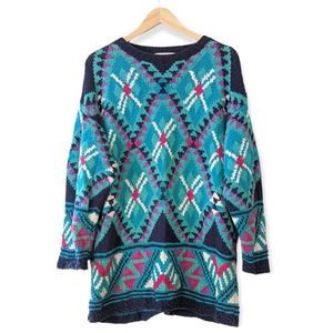 Vintage 80s 90s Hand Knit Multi Color Intarsia Tunic Sweater Size Large